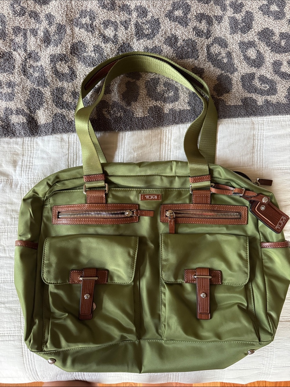Tumi Olive Green Nylon Tote with Brown Leather Trim